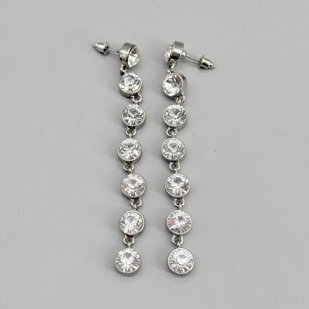 Silver Tone Round Crystal Rhinestone Linear Drop Dangle Statement Post Earrings